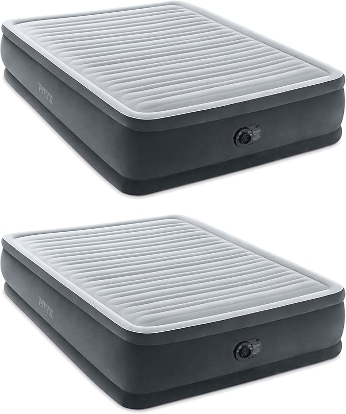 Intex 64413ED Dura Beam Elevated Fiber Tech Soft Air Mattress Bed w/Built in Pump &amp Portable Storage Case for Travel and Camping Queen (2 Pack)