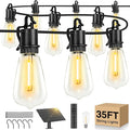 Solar String Lights Outdoor Waterproof 35FT with Shatterproof ST38 LED Bulbs 2700K Solar Lights with Remote Solar String Lights for Outside Camping Yard