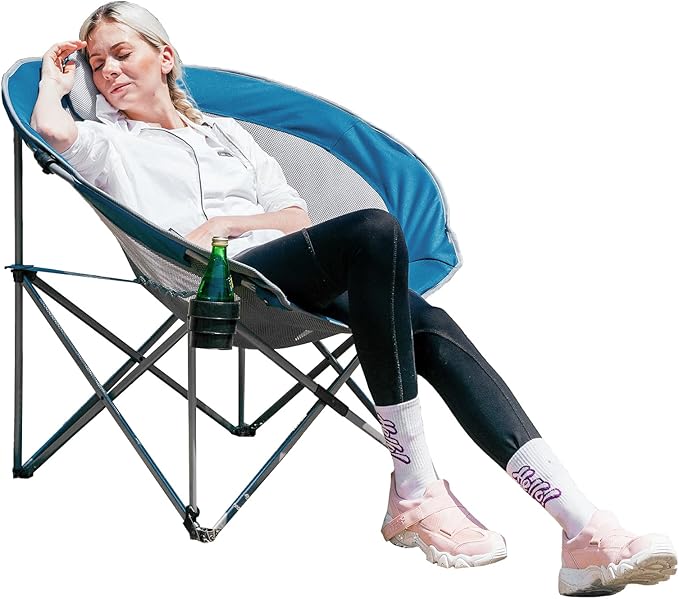 #WEJOY Folding Camping Chair Oversized Moon Chairs for Adult Support Up to 300lbs Mesh Saucer Chairs with Headrest and Cup Holder for CampingLawnHikingPicnicSports(Cyan/Grey)