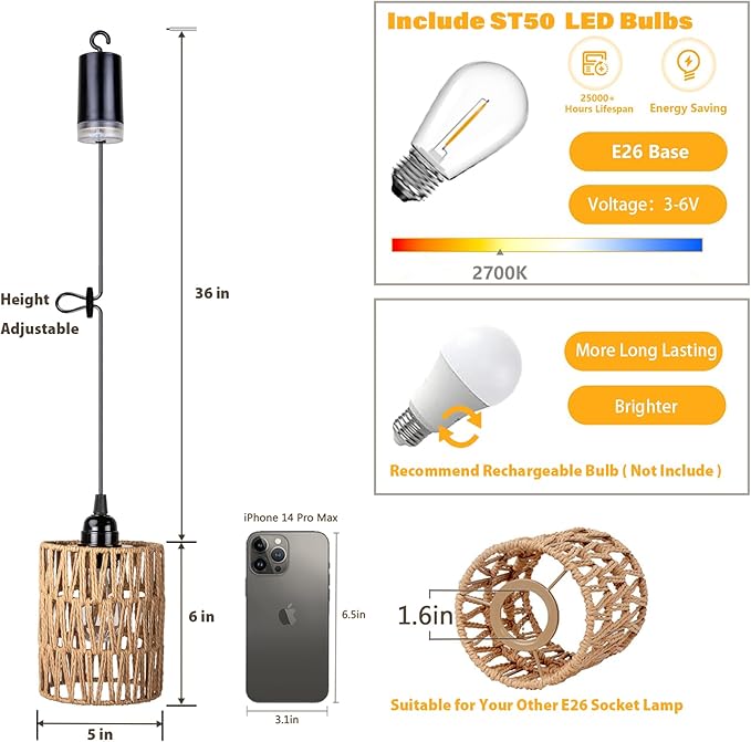 Battery Operated Chandelier Battery Hanging Pendant Light Rattan Lights with Warm White Bulb 4*AA Battery Powered for Gazebo Pergola Porch Patio Outdoor Indoor Decor (2)