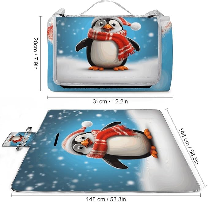 Christmas Funny Penguin Beach BlanketPortable Waterproof Picnic Blanket58.3''x 58.3'' Extra Large Picnic Mat for BeachCamping Grass Lawn Park Accessorie for Festival BBQ