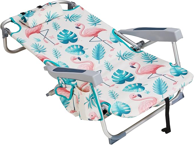 Vasitelan Outdoor Folding Backpack Beach Chair with 5 Positions Towel bar Cooler Pouch Cup HolderFolding Beach Chair with Backpack Straps (Flamingo Short)