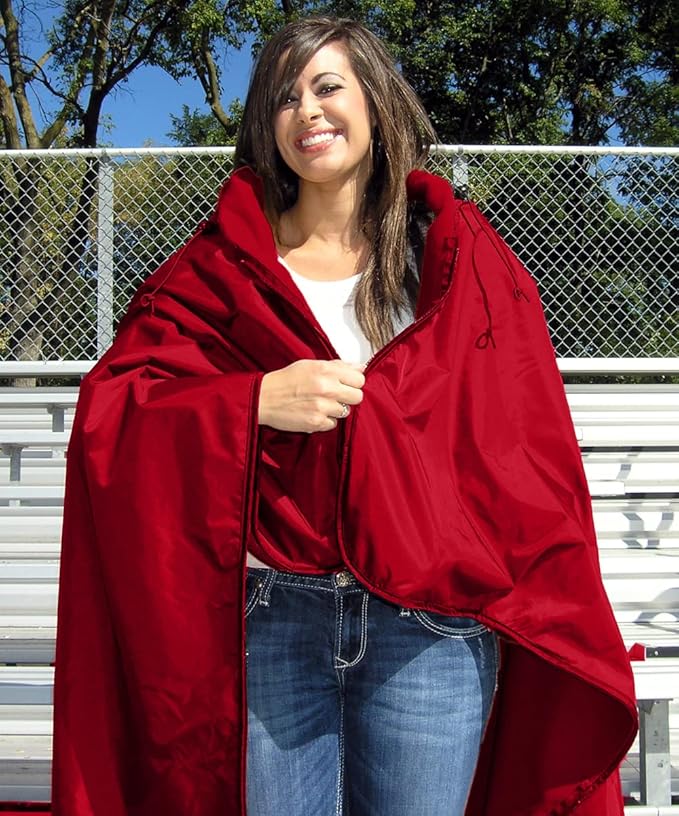 Ultimate Sports Wrap - PATENTED - The Only WEARABLE Weatherproof/Stadium/Picnic/Sports Blanket complete with Upper and Lower Zippers Lined &amp Adjustable Hood and Inside Hand Warmers 70 X 58