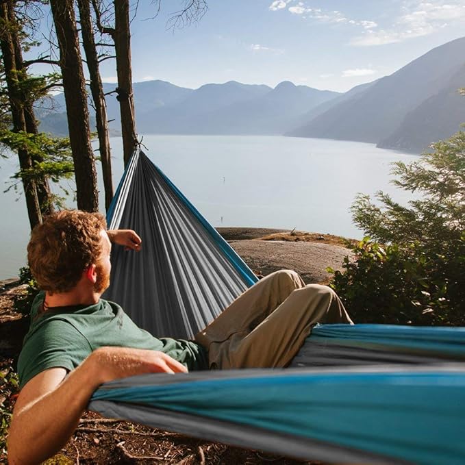 Fox Outfitters Neolite Double Camping Hammock - Lightweight Portable Nylon Parachute Hammock for Backpacking Travel Beach Yard. Hammock Straps &amp Steel Carabiners Included (Sky Blue/Grey)