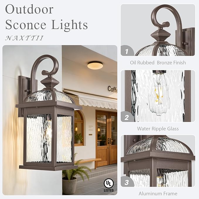 2 Pack Porch Lights Outdoor Waterproof Outside Lights for House ORB Finish 15 Inch Wall Light Fixtures with Water Ripple Glass E26 Socket
