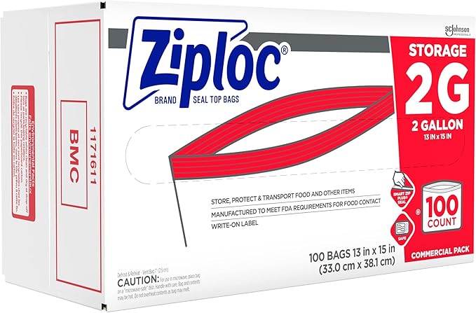 SC Johnson Professional Ziploc Brand Food Storage 2 Gallon Bags Food Storage Ziploc Brand Bags Commercial Pack 100 Count Box for Professional Use Only (Pack of 2)