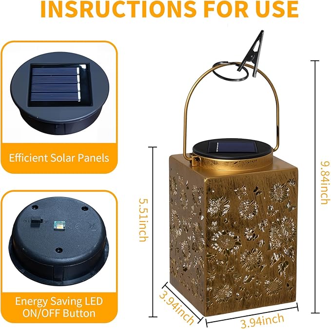 2 Pack Solar Lanterns - Waterproof Metal Hanging Solar Lights Outdoor Decorative Solar Powered LED Lamp for Patio Tabletop Porch Deck Yard Garden Decor for Outside (Sunflower)
