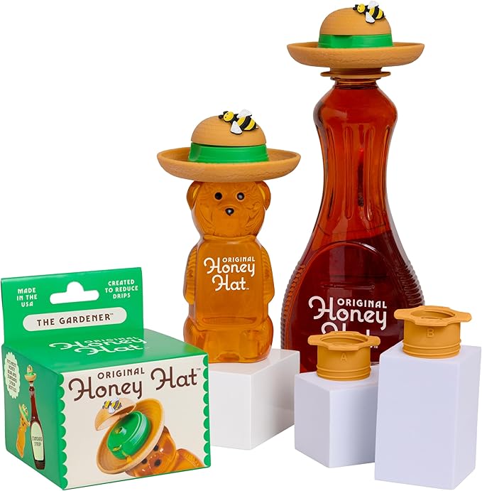 The Gardener Patented Drip-Catching Lid Replacement for Honey Bear Bottles &amp Table Syrup Bottles/No Mess Kitchen Gadget/Honey &amp Table Syrup Bottle Topper/Made in USA