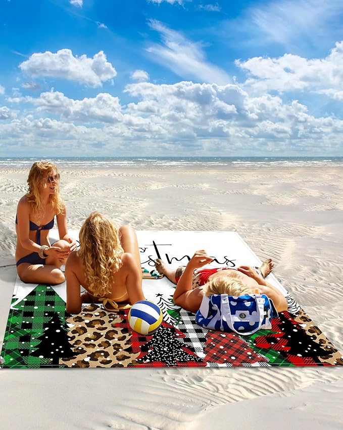 Beach Blanket Waterproof Sandproof OversizedChristmas Tree Classic Tartan Beach Mat with Corner Stakes Sand PocketsRed Black Farmhouse Buffalo Plaid Outdoor Picnic Mat for Travel Camping 95x80In