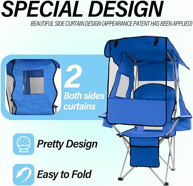 ptlsy Beach Chair with Canopy Shade Folding Camping Chair for Adults with Cup Holders Cooler Bag for Camping Fishing Beach Sports and Concert (Blue)