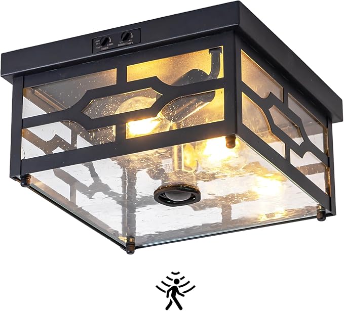 Outdoor Ceiling Light with Motion Sensor Flush Mount Squares Porch Light 2-Light Dusk to Dawn Ceiling Lights Fixture with Clear Glass for Entryway Farmhouse Garage Front and Back Yards Black