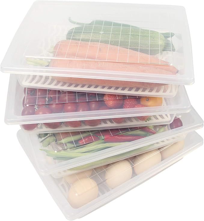 Food Storage Container Plastic Food Containers with Removable Drain Plate and Lid Stackable Portable Freezer Storage Containers - Tray to Keep Fruits Vegetables Meat and More (4Large)