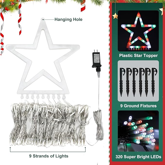 Outdoor Christmas Decorations String Lights 320 LED 11.5 Ft Waterfall Tree Lights with Star Topper 8 Lighting Modes Christmas Light for Indoor Outdoor Yard Home Festival Xmas New Year Decor
