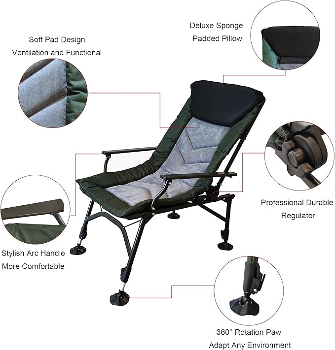Camping Lounge Chair Portable Folding Reclining Camping Chair with Adjustable backrest for Indoor and Outdoor Camping Beach Hiking Fishing Green+Black+Grey