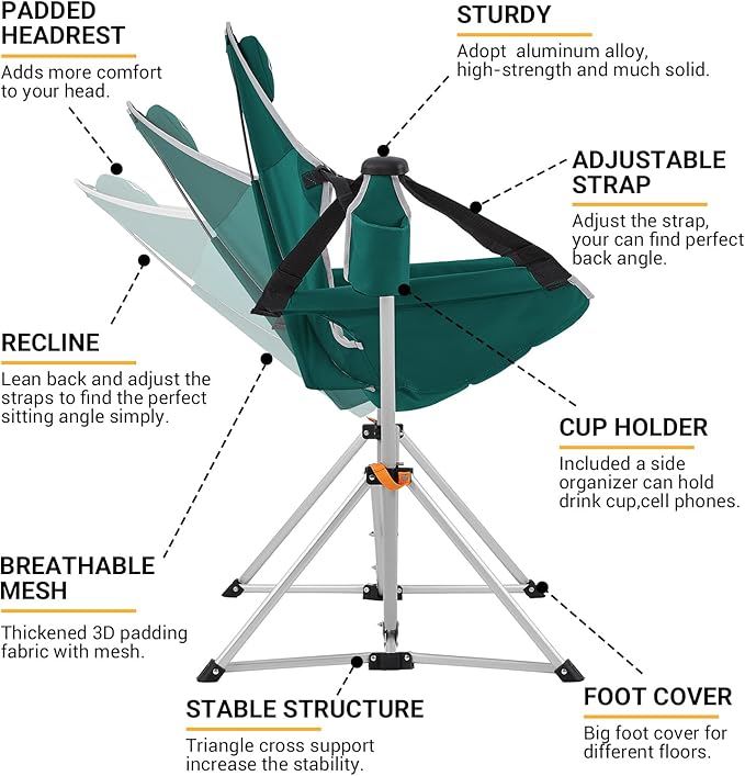 KingCamp Oversized Hammock Camping Chair Swinging Recliner Chair for Backyard Lawn Beach Camp Outside Indoor Adults Portable Lounger Folding Chair Hold Up to 264lbs Cup Holder (Green/Grey)