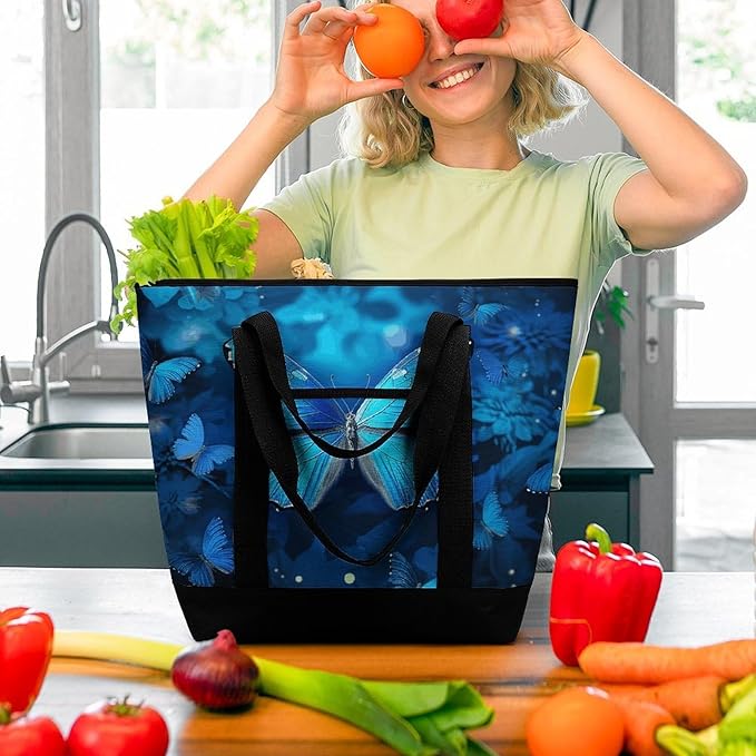 Insulated Shopping BagLarge Reusable Cooler Bags Blue Beautful Butterfly Printed Foldable Shopping BagTravel Waterproof Shoulder Bag