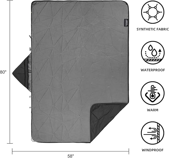 Large Outdoor Waterproof Blanket Extra Thick Fleece Stadium Blanket for Camping Car Pet Picnics - Windproof Wearable Machine Washable 80 x 58 (Black GrayHooded)