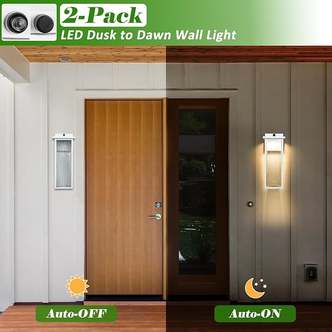 White LED Dusk to Dawn Outdoor Lighting 2 Packs 16 Large Outside Farmhouse Wall Lantern Industrial Porch Wall Mount Light Fixture with Rippled Glass Waterproof Modern Exterior Sconce Lamp