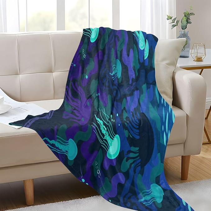 Throw Over Blanket Undersea Camouflage Black Blue Jellyfish Sofa Throws 50 x 70 Inch