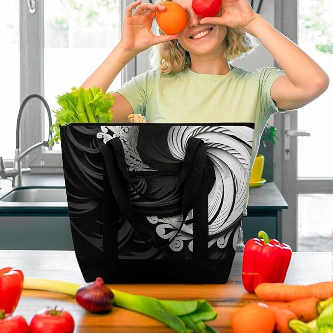 Insulated Shopping BagLarge Reusable Cooler Bags Black And White Image Printed Foldable Shopping BagTravel Waterproof Shoulder Bag