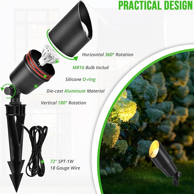 wowlite Matte Black Aluminum Outdoor Spot Lights with 4 Light Bulbs 5W 2700K Warmlight 12V Low Voltage Landscape Lighting Fixture IP65 Waterproof LED Uplights for Garden Courtyard Pathway 4 Pack