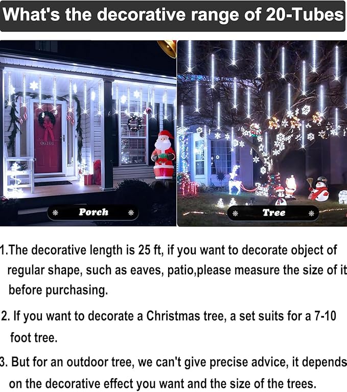Christmas Lights Outdoor 16 Inch 20 Tubes Meteor Shower Rain Light Waterproof Falling Icicle String Lighting for Xmas Tree Yard House DecorShine White