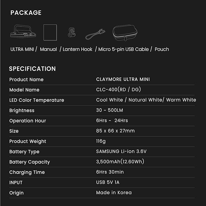 CLAYMORE Ultra Mini (Dark Gray) - Outdoor Rechargeable LED Light for Camping Tent Backpacking Emergency and Industrial Use. Waterproof Portable Lantern with USB-C Up to 24 Hours Battery Life.