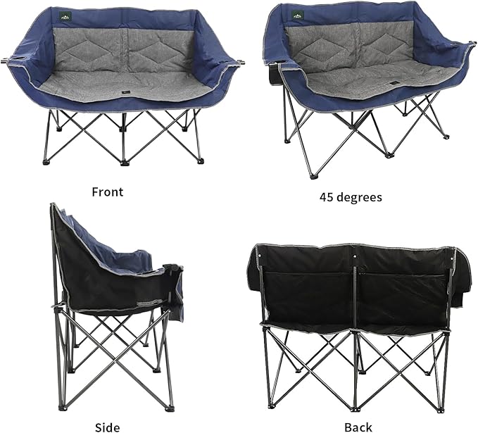 Northroad Folding Loveseat Camping Chair Portable Double Duo Full Padded Garden Chair for 2 Person Sofa w/ 2 Cup HolderWine Glass HolderMesh StorageSupport 500lbs for Picnic Beach Travel(Blue)