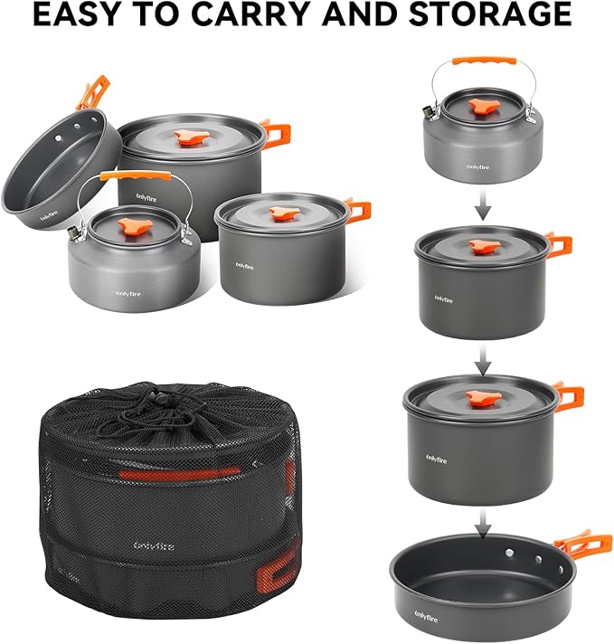 ONLYFIRE OUTDOOR LIVING14pcs Camping Cookware Set Lightweight Nonstick Pots Pan Kettle Utensils Bowls and Cleaning Tool with Mesh Bag for Camping Hiking Backpacking RV Tailgating Cooking CT604