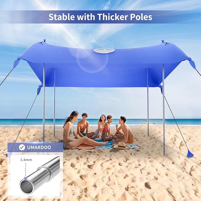 UMARDOO Family Beach Tent Canopy Sun Shade Portable 10×10FT Large Wind Resistance Beach Sun Shelter Easy Setup with Packable Carry Bag for Outdoor Travel UPF 50+ (Blue)