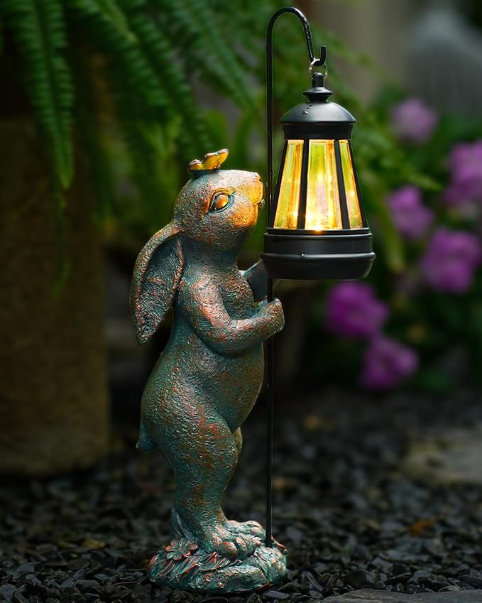 Garden Statues Outdoor Bunny with Solar Lantern – Rabbit Yard Decor Waterproof Resin Figurine Pathway Light for Lawn &amp Patio