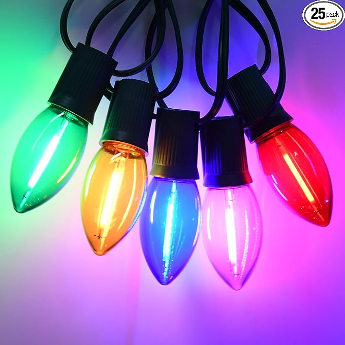 C9 LED Christmas Lights Outdoor Waterproof 25Ft Shatterproof Colored Christmas Lights LED Multicolor C9 Outdoor Christmas Lights for House Christmas Tree Yard Garden Decor 25+1 LED Bulbs 0.6W