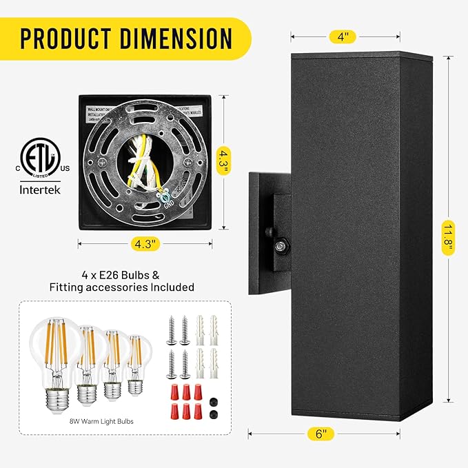 Outdoor Light Fixture Dusk to Dawn 2 Pack Matte Black Modern Porch Light IP65 3000K LED Bulbs Exterior Lighting Fixtures Outdoor Wall Lights for House Garage Front Door