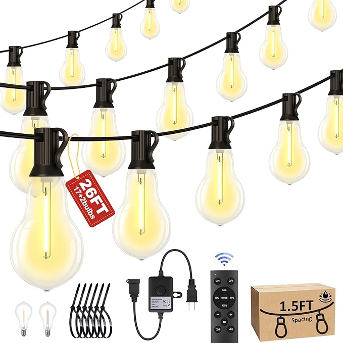 26FT Outdoor String Lights Waterproof with 17+2 Bulbs (1.5FT Bulbs Spacing) Remote &amp Dimmer Commercial Patio String Lights with 3 Mode Light &amp Timing 50PC Mounting Ties for Outside
