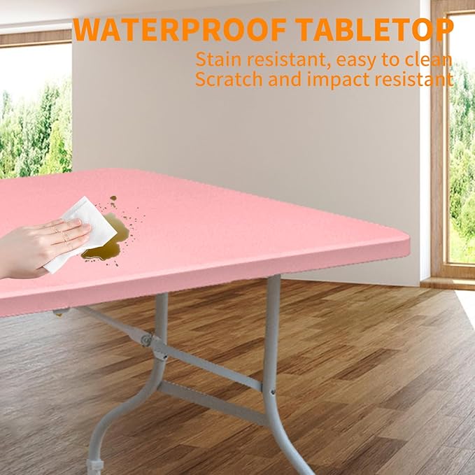 6 FT Folding Table with Carry Handle Portable Fold-in-Half Plastic Table Rectangle Foldable Table for Indoor/Outdoor Beautiful Pink