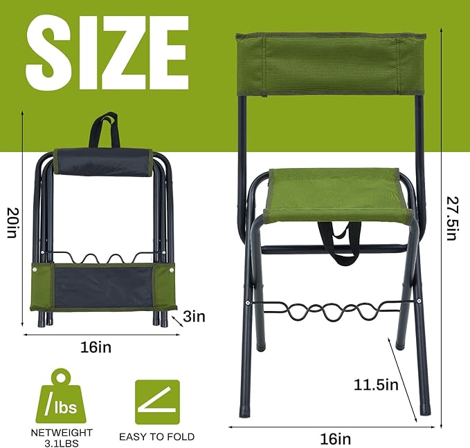 Wenqik 2 Pcs Summer Folding Fishing Chair with Rod Holder Hunting Camping Chairs for Adults Outdoor Portable Folding Chair for Men Women Ice Fishing Lawn Patio Garden Beach Gifts(Green)