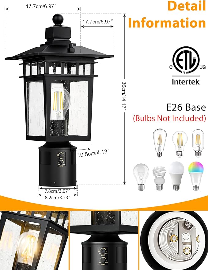 360° Motion Sensor Outdoor Post Lights 4 Lighting Modes Lamp Post Light Fixture Dusk to Dawn Waterproof Aluminum Black Pole Light Post Outdoor Lighting for Outside Garden Fence YardHard Wired