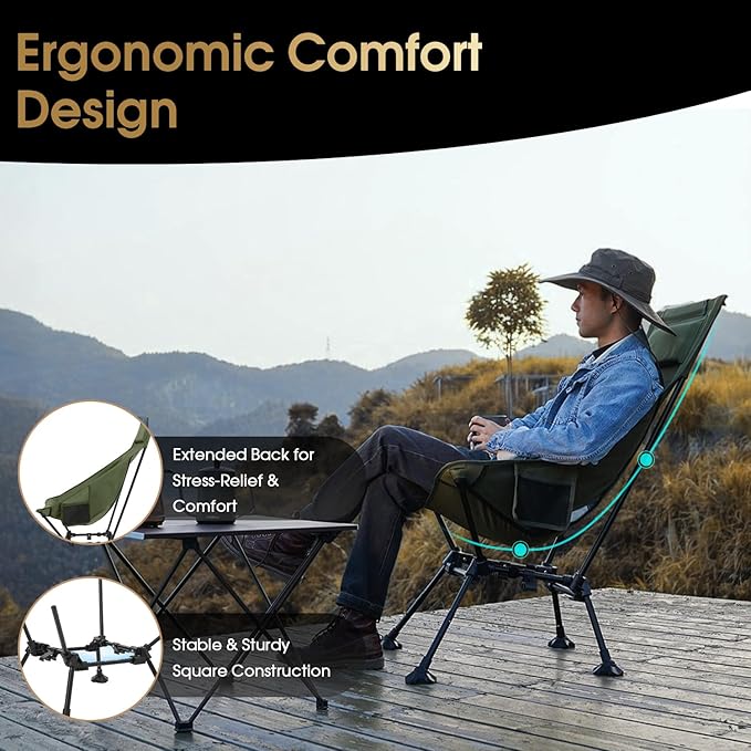 MOON LENCE High Back Folding Camping Chairs Height-Adjustable Widened Seat for Beach with Anti-Sinking Feet