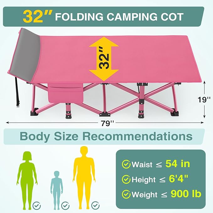 ZENPETIO Oversized XXL Folding Camping Cot Heavy Duty Sleeping Cot for Adults with Mattress and Pillow Portable Cot Bed with Carry Bag for Outdoor Camp Travel Home Guest Office Pink