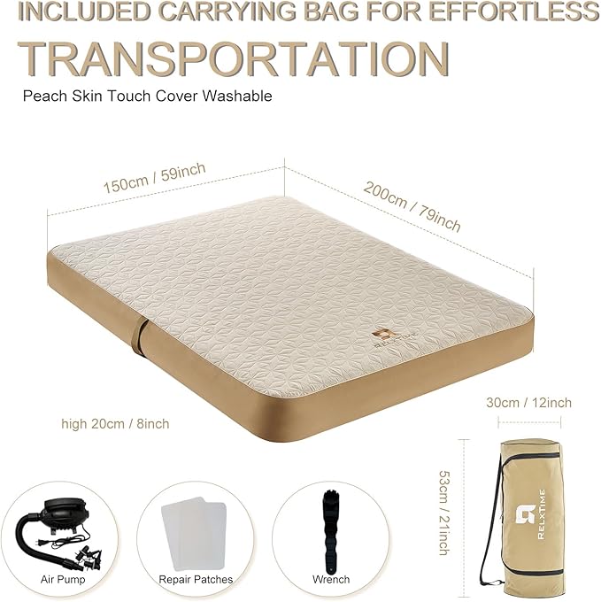Queen Air Mattress with Hand Pump Inflatable Camping Bed Fast Inflation Portable Blow Up Mattress for Home Travel Guests Hiking Picnic Supports up to 1000 lbs