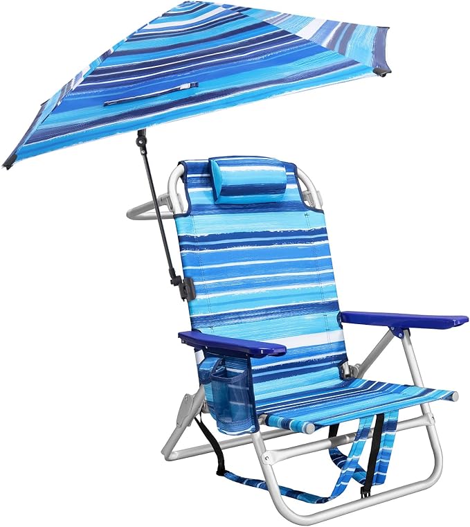 Beach Chair Backpack Chairs for Adults with Adjustable Umbrella Folding Beach Chairs with Storage Pouch Cup Holder &amp Towel Rack Adjustable Lounge Chair for Seaside Blue Strap