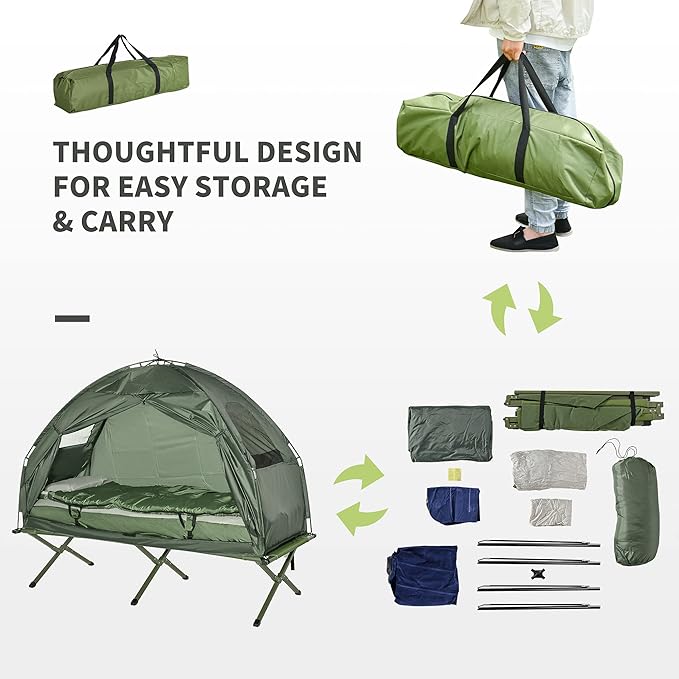 6-in-1 All-in-One Camping Tent with Cot and Air Mattress Portable Outdoor Sleeping System with Pump Pillow &amp Sleeping Bag Waterproof Elevated Camping Bed Combo for Adults and Travel