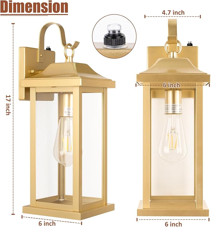 Large Gold Outdoor Sconces Dusk to Dawn 2-Pack 17 Inch Large Porch Light Photocell Brass Outdoor Light Fixtures IP65 Waterproof with Clear Glass Outside Wall Lanterns Wall Mounted Lamps