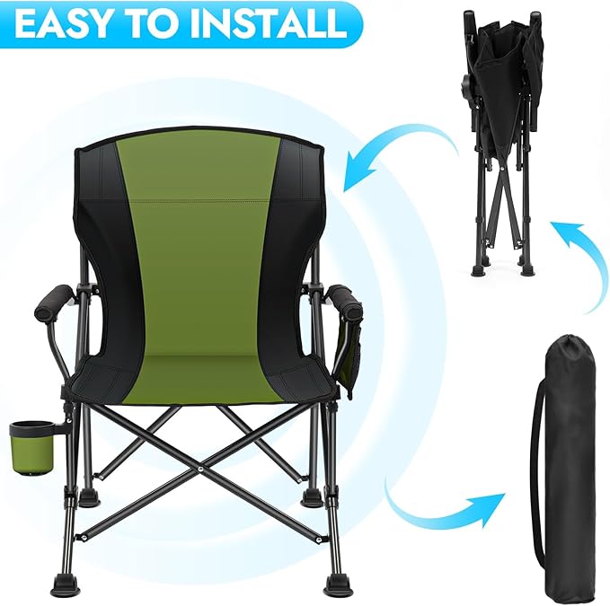 2 Pack Oversized Folding Camping Chair for Adults Supports 450 LBS Camping Chairs Heavy Duty Camping Chair with Side Pockets Foldable Outdoor Chair for Camping Beach Fishing Hiking Green-Black