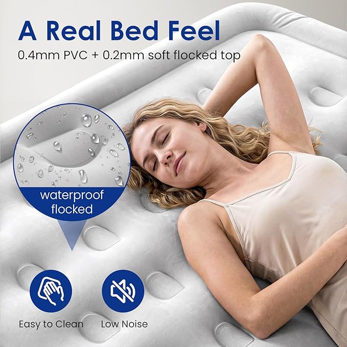 Lamberia Air Mattress with Built in 2 Purpose Pump 18 Raised 660lbs Max Comfort Inflatable Mattress Blow up Mattress Portable Air Bed for Camping Guests Home Colchon(Blue GreyQueen)