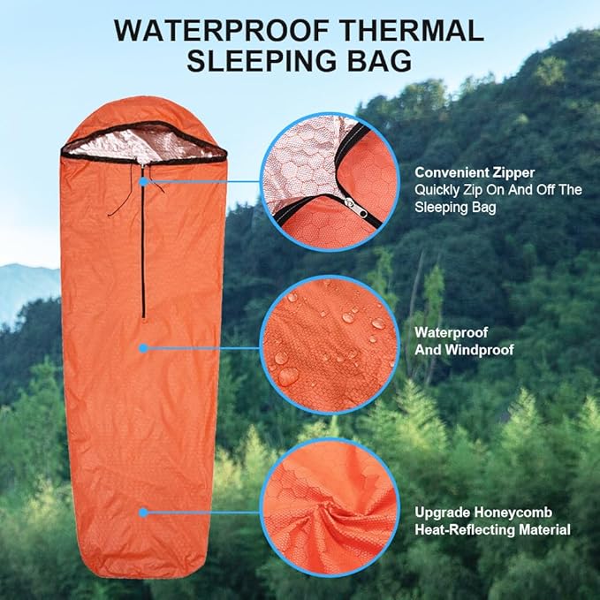Emergency Sleeping Bag Thermal Bivvy Lightweight Survival Sleeping Bags Thermal Bivy Sack Portable Compact Waterproof Reusable for Camping Hiking Outdoor Activities