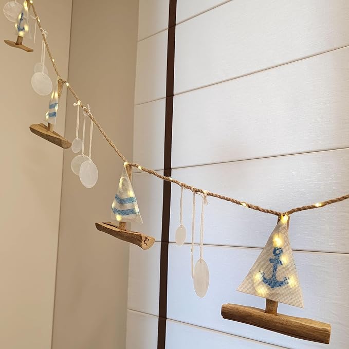 Nautical Decor Sailboat Ocean Light with Capiz Wind Chimes - 6.5FT 70LED Beach Garland with Lights Battery Operated with Remote for Coastal Room Beach Decor
