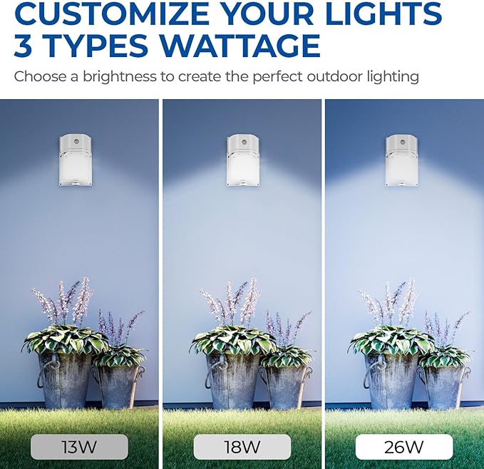 CINOTON 26W LED Wall Pack Light with Dusk to Dawn Sensor 3CCT 3000K/4000K/5000K 26W/18W/13W Switchable [100-277Vac] IP65 Waterproof Outdoor Security Flood Lighting for Garage Warehouse 2 Pack
