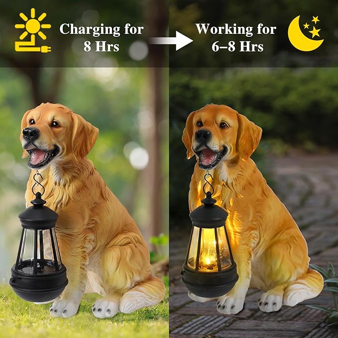 Afirst Solar Dog Statue Garden Decor Outdoor Statue Decor with Solar Lantern Valentine's Day Gift Lovely Golden Retriever Figurine Patio Lawn Yard Art Ornaments Housewarming Gift