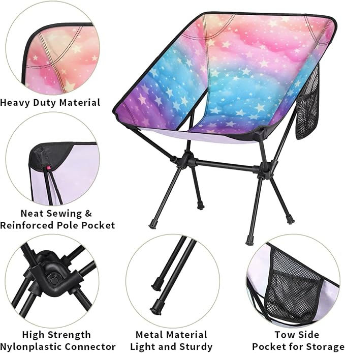 Honeybaby Folding Camping Chair Stars Rainbow Color Camping Chairs Lightweight Portable Chair Outdoor Foldable Chairs for Camping Travel Picnic Beach Hiking
